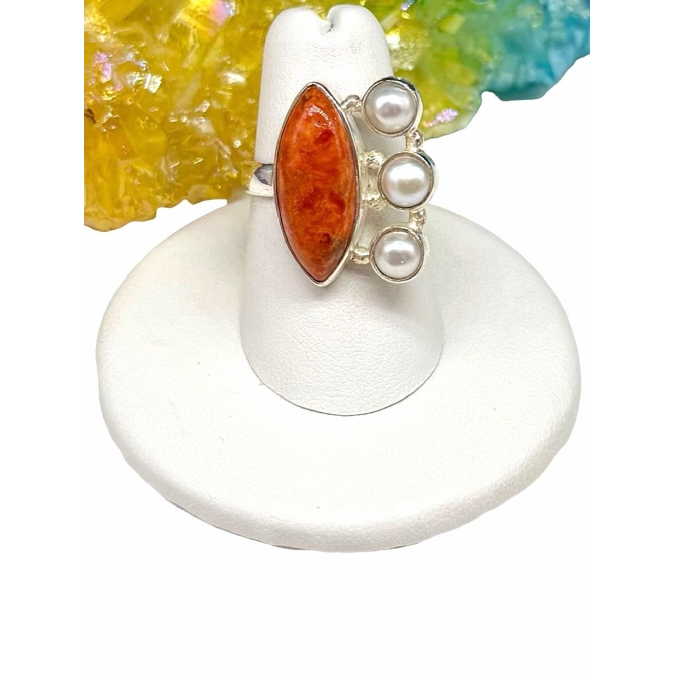 Orange Mohave Turquoise & Freshwater Pearl Ring Size 6.5 925 Sterling Silver